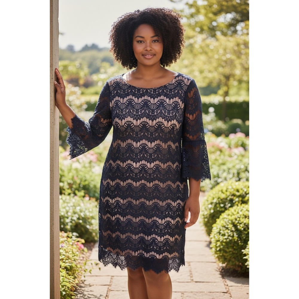 Jessica Howard Navy Blue Lace Sheath Dress 3/4 Bell Sleeve Scalloped Cocktail 16